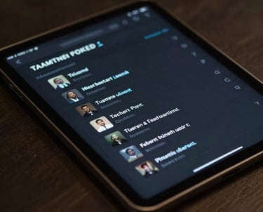 A close-up of a high-end digital dashboard on a tablet showing a clean, dark interface for managing restaurant feedback, in a minimalist style.
