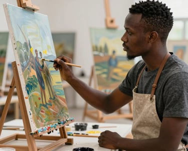 Artists collaborating in a bright studio filled with canvases and sculptures.