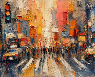 Impressionist oil painting of a busy city street with abstract people, cars, and traffic lights.