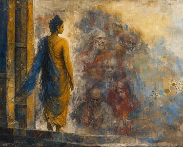 Textured oil painting of Buddha in yellow robes overlooking a group of fading figures.