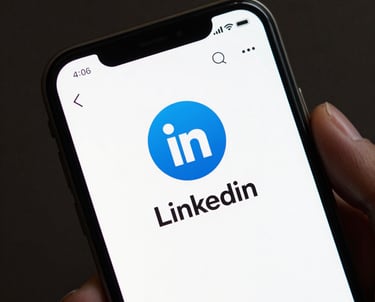 A close-up of a smartphone screen displaying a LinkedIn profile, held by a professional in a Northern European office, emphasizing social media recruitment.