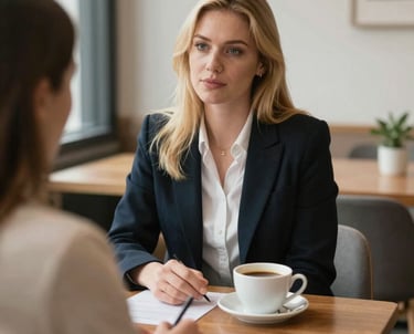 Two professionals sitting at a table with coffee, discussing a recruitment strategy document. The setting is a cozy, warm Northern European office with soft lighting.