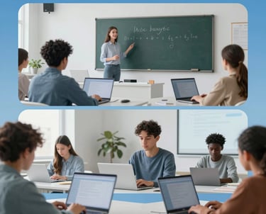 A futuristic classroom scene with glowing digital interfaces and students engaged with tablets.