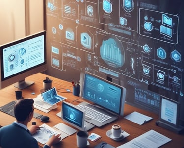 Professional team collaborating around a laptop with cloud and digital icons overlay.