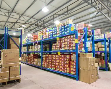 Wide view of inventory boxes stacked on blue industrial metal shelving inside a warehouse facility.