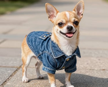 foto de un perrito chihuahua con una chamarra de mezclilla