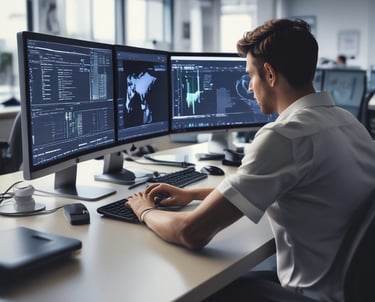 A diverse team collaborating over laptops in a modern office, brainstorming innovative IT solutions.