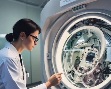 A medical technician using a tablet to monitor equipment status in a hospital setting.
