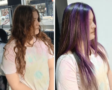 Before and after hair transformation showing a wavy brunette style updated to straight hair with purple highlights.