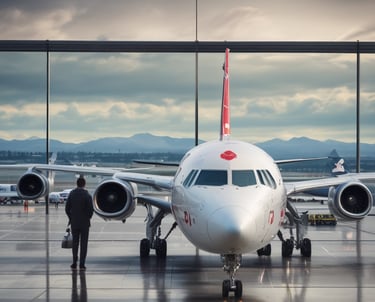 A passenger watches a white commercial airplane parked on a wet airport runway under a cloudy sky.