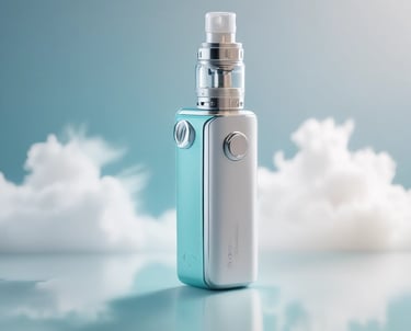 Close-up of sleek vape devices with soft smoke swirling around on a light sky-blue background.