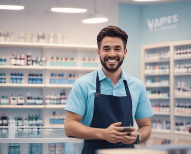 Friendly staff member assisting a customer inside the bright, airy Cloud Vapes store.