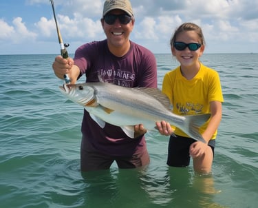 A boat cutting through deep blue Caribbean waters with anglers ready for offshore gamefish.