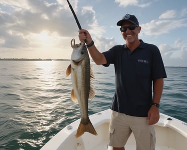 A guide and angler wading in crystal-clear shallow waters, casting for permit.