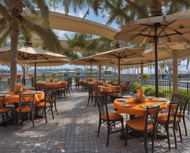 A vibrant street scene in Charlotte County with local shops, palm trees, and smiling residents enjoying a sunny day.