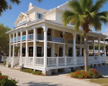 A lively outdoor market with colorful tents and smiling people enjoying live music under clear blue skies.
