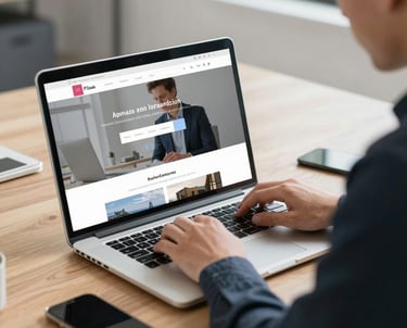 A warm, modern office space with a diverse team collaborating over laptops and digital devices.