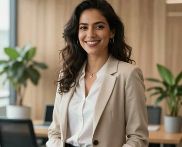 Portrait of a South American / Brazilian woman in a modern office with light wood and plants. She is smiling naturally, dressed in professional but relaxed attire. Soft natural light, high-quality photography, sophisticated atmosphere.