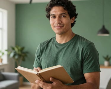 Portrait of a South American / Brazilian man with a notebook in a bright, modern studio. He looks confident and friendly. Modern Scandinavian interior design with Matte Forest Green walls in the background.