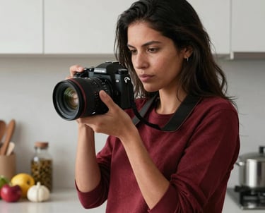 Portrait of a South American / Brazilian woman holding a professional camera. She is in a minimalist kitchen setting with artisanal ingredients visible. Sophisticated lighting, Deep Carmine Red accents, authentic vibe.