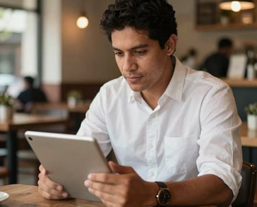 Portrait of a South American / Brazilian man looking at a tablet in a stylish cafe environment. Professional, relaxed posture. Warm tones, clear focus, high-end photography with a focus on connection.