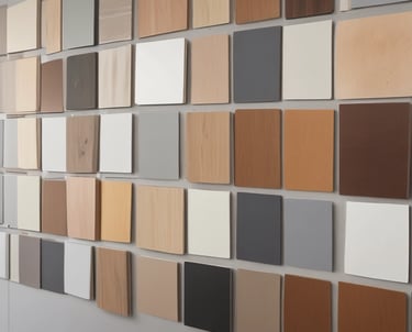 Close-up of sleek laminate cabinets and quartz countertops installed in a hotel guest room.