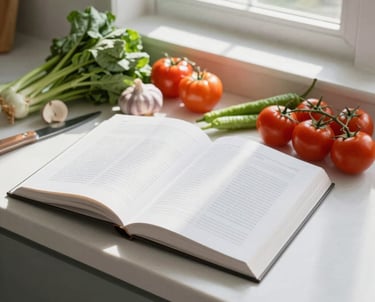 A cozy kitchen scene with warm cream tones, a rustic wooden table holding an open devotional book beside a bowl of fresh ingredients.