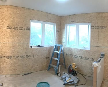 panoramic view of bathroom remodeling preparation.
