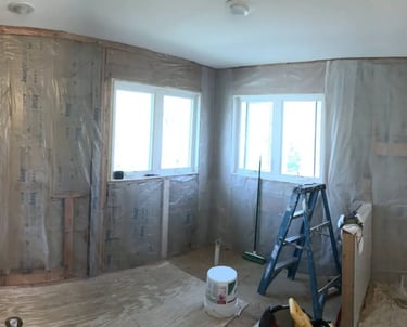 panoramic view of bathroom remodeling preparation.