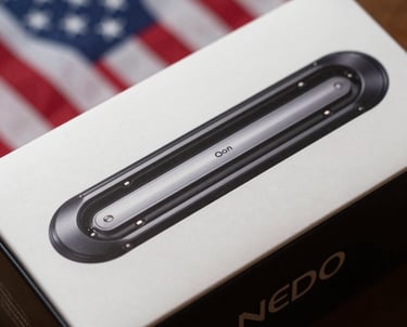 Close-up photography of a printed sleeve packaging for a luxury electronics box. The image shows the smooth sliding mechanism and the high-contrast branding, set against a professional North American backdrop.