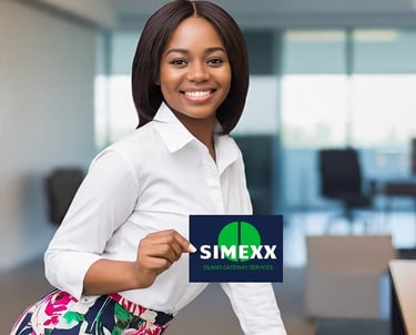 Smiling business professional holding a Simexx Island Gateway Services card in a modern office.