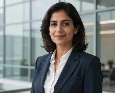A high-quality business portrait of a female executive with a warm expression, positioned in front of a clean, bright glass office facade in a premium global (USA, UK, Europe, Gulf) and South Asian setup.