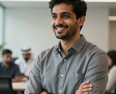 A professional corporate headshot of a male technology founder, smiling and confident, looking forward, styled in a sleek minimal global (USA, UK, Europe, Gulf) and South Asian workplace context.