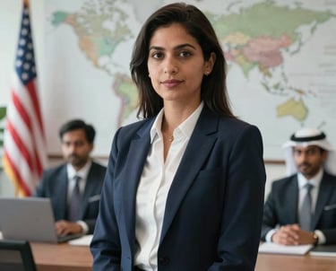 A professional business portrait of a female financial operations manager dressed in neat office apparel, captured in a bright executive office setting in global (USA, UK, Europe, Gulf) and South Asian style.