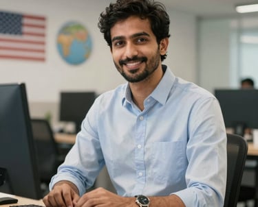 A professional workspace portrait of a male technology lead in clean smart-casual office clothing, looking accomplished and bright, set in global (USA, UK, Europe, Gulf) and South Asian parameters.
