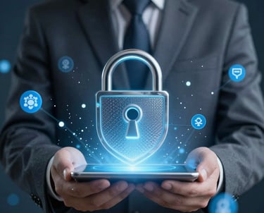 Technician monitoring cloud servers with digital security overlays in a high-tech environment.