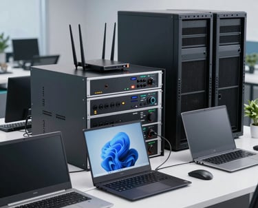 A sleek professional office setup showcasing laptops, servers, and networking equipment.