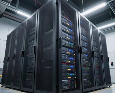 Modern cloud data center with glowing blue server racks symbolizing scalability.