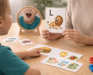 A young boy in a speech therapy session using alphabet flashcards and a mirror to practice phonics