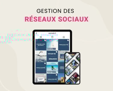 Social media management display featuring an Instagram feed on a tablet and smartphone mockup.