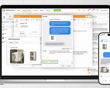 ServiceM8 field service management software showing SMS job updates and photos on a laptop and smartphone.