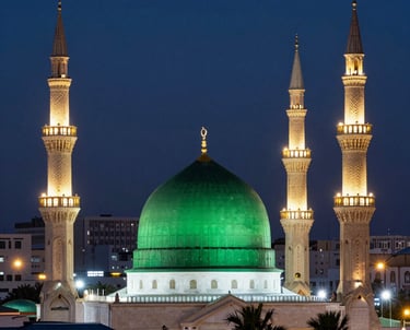 A serene early morning view of the Kaaba surrounded by pilgrims in white robes.