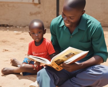 A caregiver gently reading a storybook to a group of attentive children.