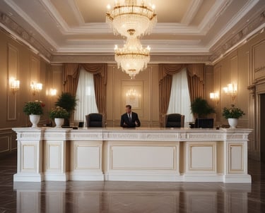 An elegant concierge team member coordinating luxury arrangements in a stylish office with dark theme and bronze highlights.