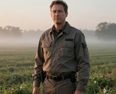 A portrait of a logistics professional in refined outdoor attire standing confidently against a backdrop of a misty North American farm field at dawn, emphasizing reliability and sophistication.