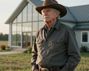 A portrait of a senior agricultural expert in refined country attire, standing before a modern glass-walled farmhouse in a North American setting, with soft morning light accentuating an air of authority and trust.