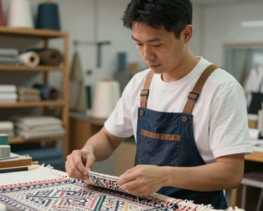 A portrait of a quality control specialist in a light-filled North American studio, focused and refined, holding a piece of hand-woven heritage fabric, emphasizing meticulous attention to artisanal detail.