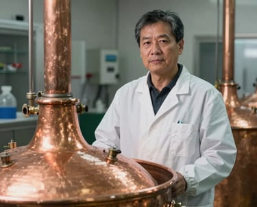 A portrait of a dairy technologist in a clean, state-of-the-art North American facility, professional and serene, standing next to traditional copper vats, representing the blend of science and tradition.