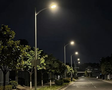 Lux heatmap overlay on a modern commercial building facade at dusk.