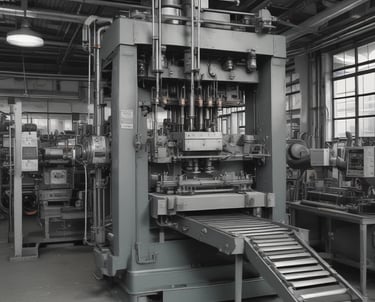Close-up of a metal press machine shaping copper strips in a factory setting.
